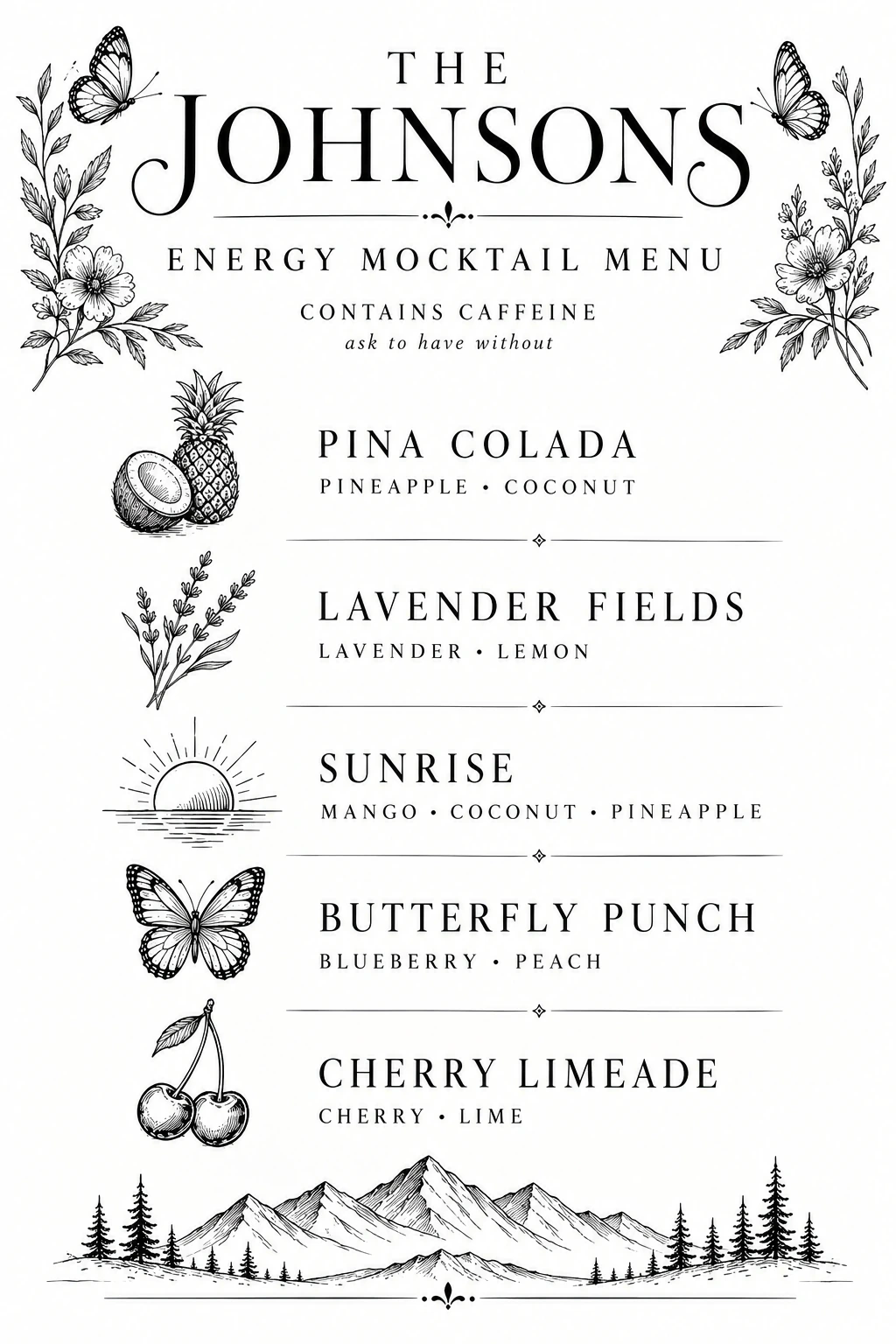 Example personalized wedding menu: Energy Mocktail Menu