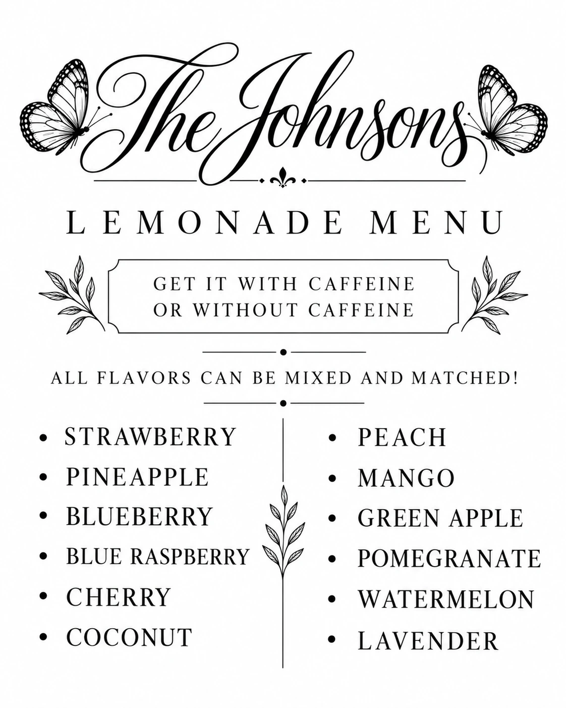 Example personalized wedding menu: Lemonade Menu — Floral