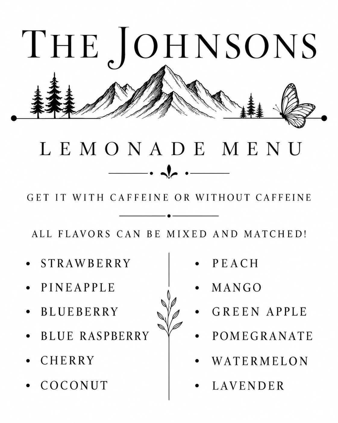 Example personalized wedding menu: Lemonade Menu — Mountain