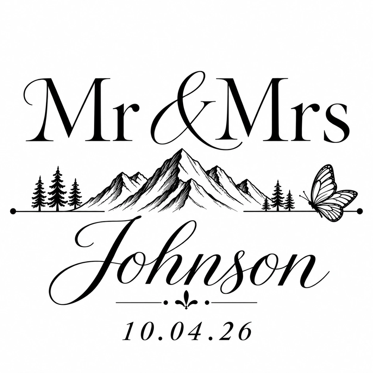 Example personalized Mr and Mrs wedding sign with mountain and butterfly artwork